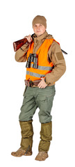 Full length portrait of a male hunter with double barreled shotgun Isolated on white background. hunting and people concept.