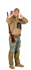 Full length portrait of a male hunter with double barreled shotgun Isolated on white background. hunting and people concept.