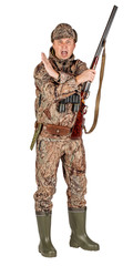Full length portrait of a male hunter with double barreled shotgun Isolated on white background. hunting and people concept.