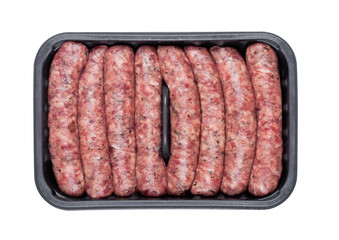Plastic tray of raw pork beef sausages isolated