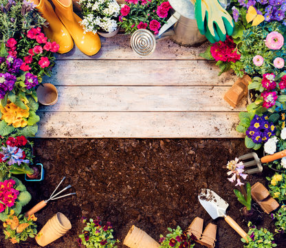 Gardening Frame - Tools And Flowerpots On Wooden Table And Dirt
