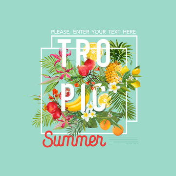 Tropical Design with Exotic Fruits. Summer Composition with Pineapple, Banana and Palm Leaves for Fabric, T-shirt, Posters, Covers. Vector illustration