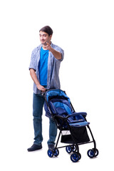 Young dad with baby pram isolated on white
