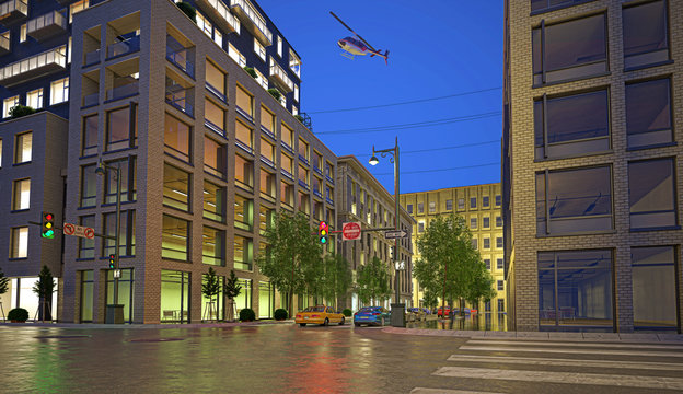 Centro di new york, illustrazione 3d, strada e palazzi, grattacieli e automobili