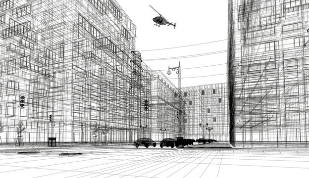 Centro di new york, illustrazione 3d, strada e palazzi, grattacieli e automobili