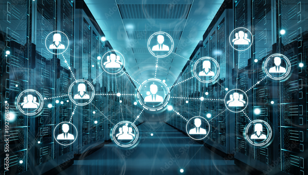 Aufkleber Social network over server room data center 3D rendering
