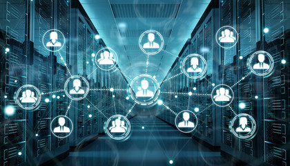 Social network over server room data center 3D rendering