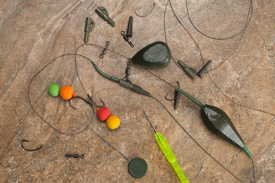Baits, hooks, sinkers, ledcor is preparing for carp fishing. Copy paste