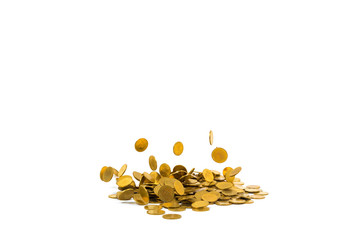 Falling gold coins money isolated on the white background, business concept.