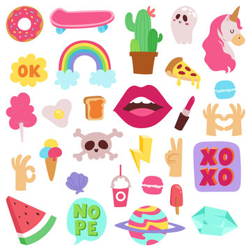 Girl fashion symbols vector stickers patches cute colorful badges fun cartoon icons pony, horn horse, lips, love and kiss design doodle element trendy girl modern hipster icons print illustration