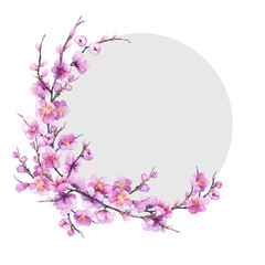 Fototapeta na wymiar Banner, round frame with pink sakura flower. For wedding, invitation, Valentine's Day, Mother's Day. Watercolor hand drawn painting illustration isolated on white background.