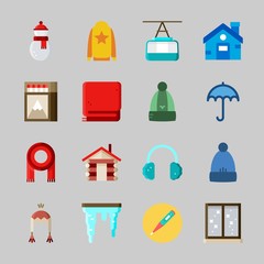 Icons about Winter with umbrella, thermometer, matches, house, winter hat and snowman