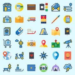 Icons about Travel with route, telescope, thermometer, map, suit case and smartphone