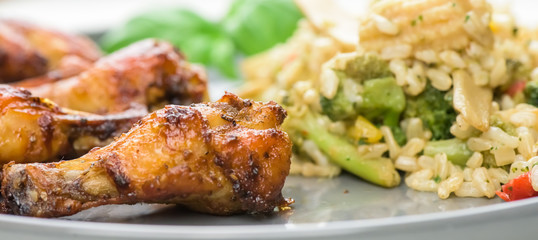 Roasted chicken wings - banner design - macro, closeup