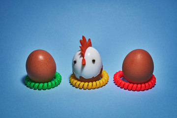 Chickens from eggs. Easter eggs for party.