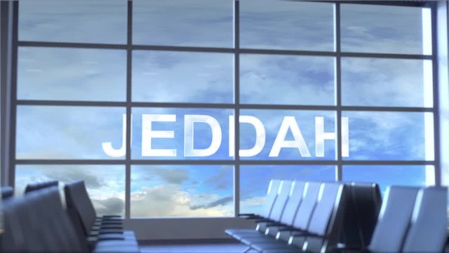 Commercial airplane landing at Jeddah international airport. Travelling to Saudi Arabia conceptual intro animation