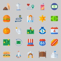 Icons about United States with independent day, white house, pumpkin, quill, hat and hamburger