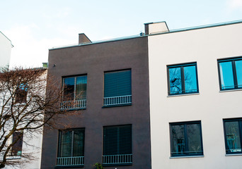 black and white townhouses with red tree on the side
