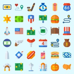 Icons about United States with independent day, gun, usa, washington monument, united states and rocket ship