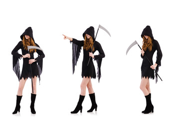 Young witch with scythe isolated on white