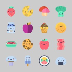 Icons about Food with milk, melon, cheese, ice cream, strawberry and watermelon