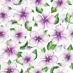 Apple flowers, petals and leaves in watercolor style on white background. Seamless pattern, Art watercolor illustration.
