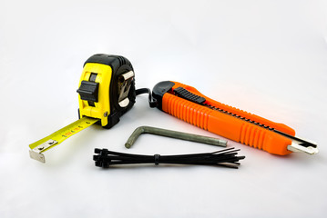 Flange cutter meter measure flanges and spanner on white background