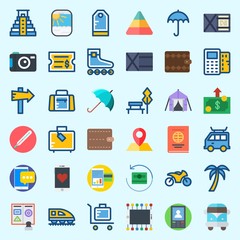 Icons about Travel with location, thermometer, ticket, tent, roller skate and van