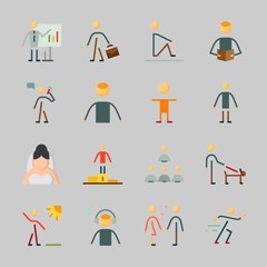 Icons about Human with businessman, olimpic games, kid, walker, man and calling