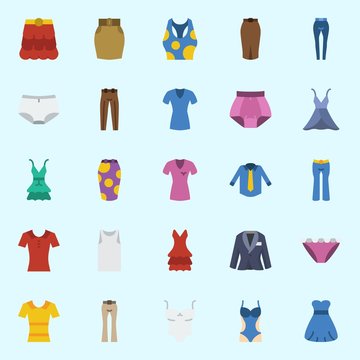 Icons about Women Clothes with swimsuit, panties, dress, pants, sleeveless and shirt