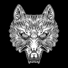 Head of the wolf in blackwork adult tattoo flash line style and poster, print, t-shirt concept design. Vector.