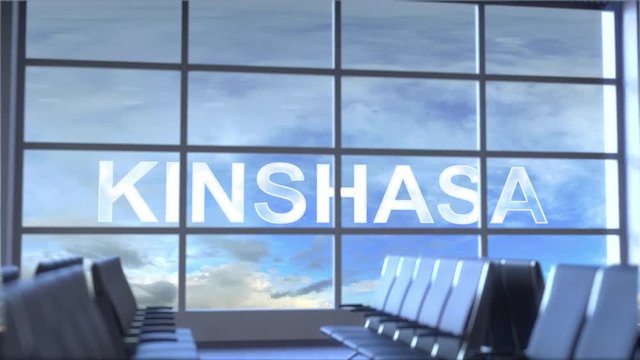Commercial airplane landing at Kinshasa international airport. Travelling to Democratic Republic of the Congo conceptual intro animation