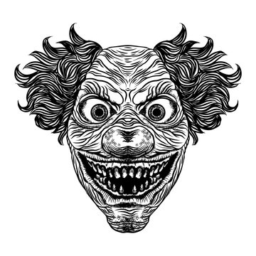 Scary cartoon clown illustration. Blackwork adult flesh tattoo concept. Horror movie zombie clown face character. Vector.