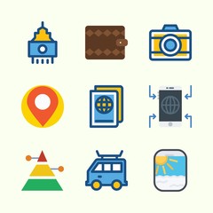 Fototapeta premium Icons about Travel with photo camera, wallet, passport, skyscraper, van and smartphone