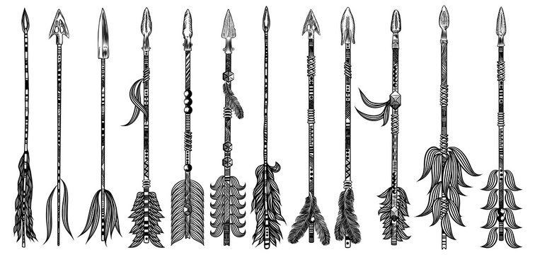 Rustic arrow set. Ethnic tribal theme set of Indian American  arrows. Collection of hand drawn Boho chic fashion design elements for flesh body art tattoo. Vector.