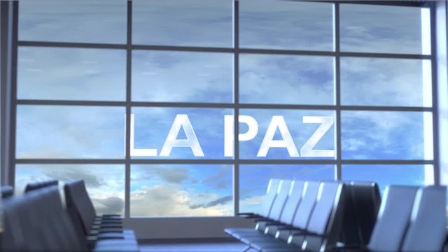 Commercial airplane landing at La Paz international airport. Travelling to Bolivia conceptual intro animation