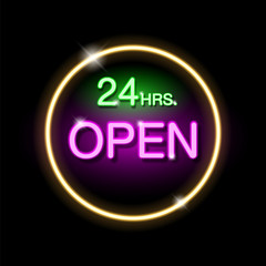 Neon sign, the word 24 HRS. Open. Vector illustration.