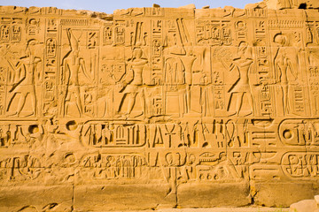 Hieroglyphs on a wall at the Karnak Temple, Egypt