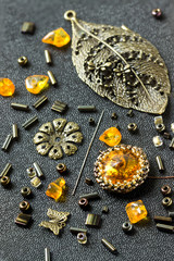 Tools,  beads amber, accessories for making jewelry. Needlework.