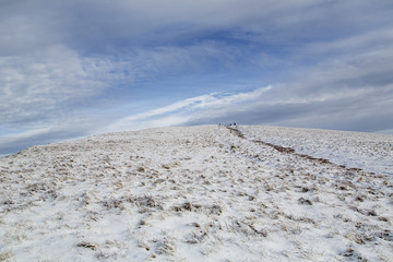 Pen y Fan and Corn Du are the highest mountains in the Brecon Beacons National Park - with winter snow. - obrazy, fototapety, plakaty