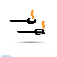Vector. Isolated Illustration of flat a spoon and fork. A spoon of hot food ans steam. Fork icon.