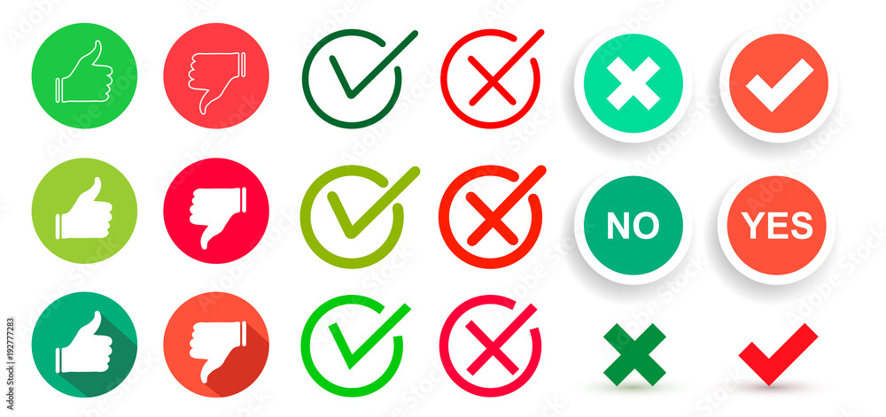 Poster set of like and dislike icons and trendy flat check mark and cross icons. yes or no. thumb up and th