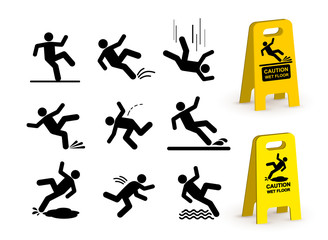 Set of falling person silhouette pictogram. Caution wet floor sign. Vector illustration. Isolated on white background
