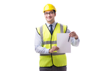 Construction supervisor with blank sheet isolated on white backg