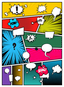 Set Of Pop Art Comics Book Magazine Cover Template. Cartoon Funny Vintage Strip Comic Superhero Text, Speech Bubble, Balloon, Box Message, Burst Bomb, Halftone. Blank Graphic. Vector Illustration