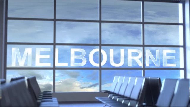 Commercial airplane landing at Melbourne international airport. Travelling to Australia conceptual intro animation
