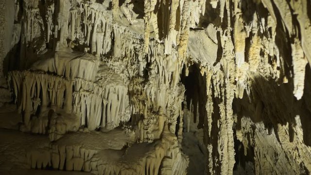 stalactites in the cathedral room of lewis and clark caverns in montana, usa