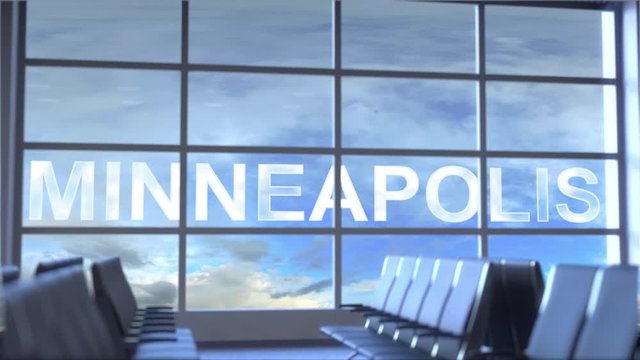 Commercial airplane landing at Minneapolis international airport. Travelling to the United States conceptual intro animation