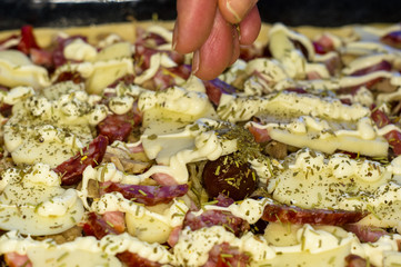 cooking homemade pizza with peppers, plums, ham, sausage, cheese and spices, closeup