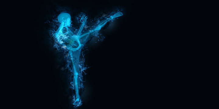 Artistic 3D illustration of a transparent man kicking high